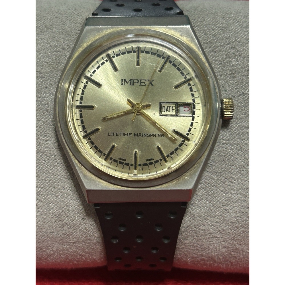 Vintage Impex Men 35mm Watch Gold Tone Mechanical Windup Date Black Band- Runs